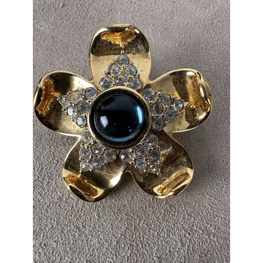 Vintage Napier Flower Brooch Gold Tone Blue Cabochon Rhinestone Pin Estate Sale